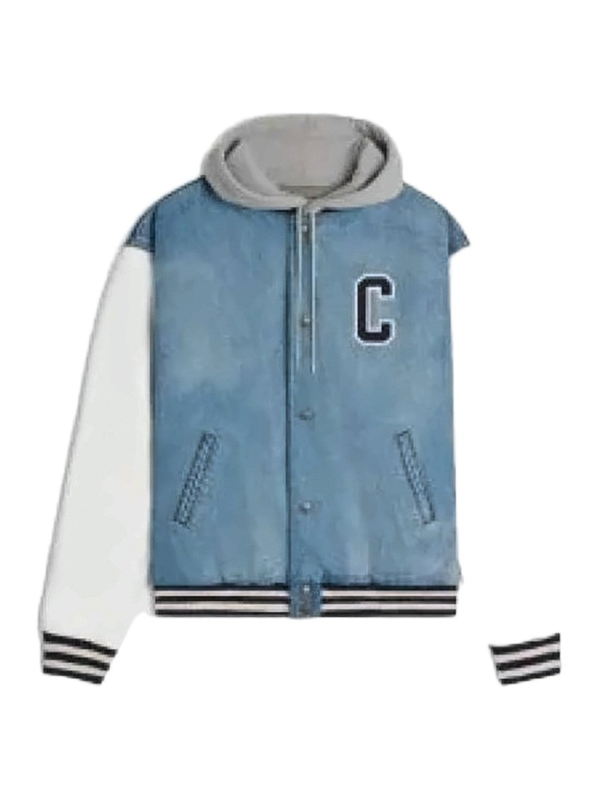 Celine Blue Lambskin Bomber Jacket With Striped Ribbed Details