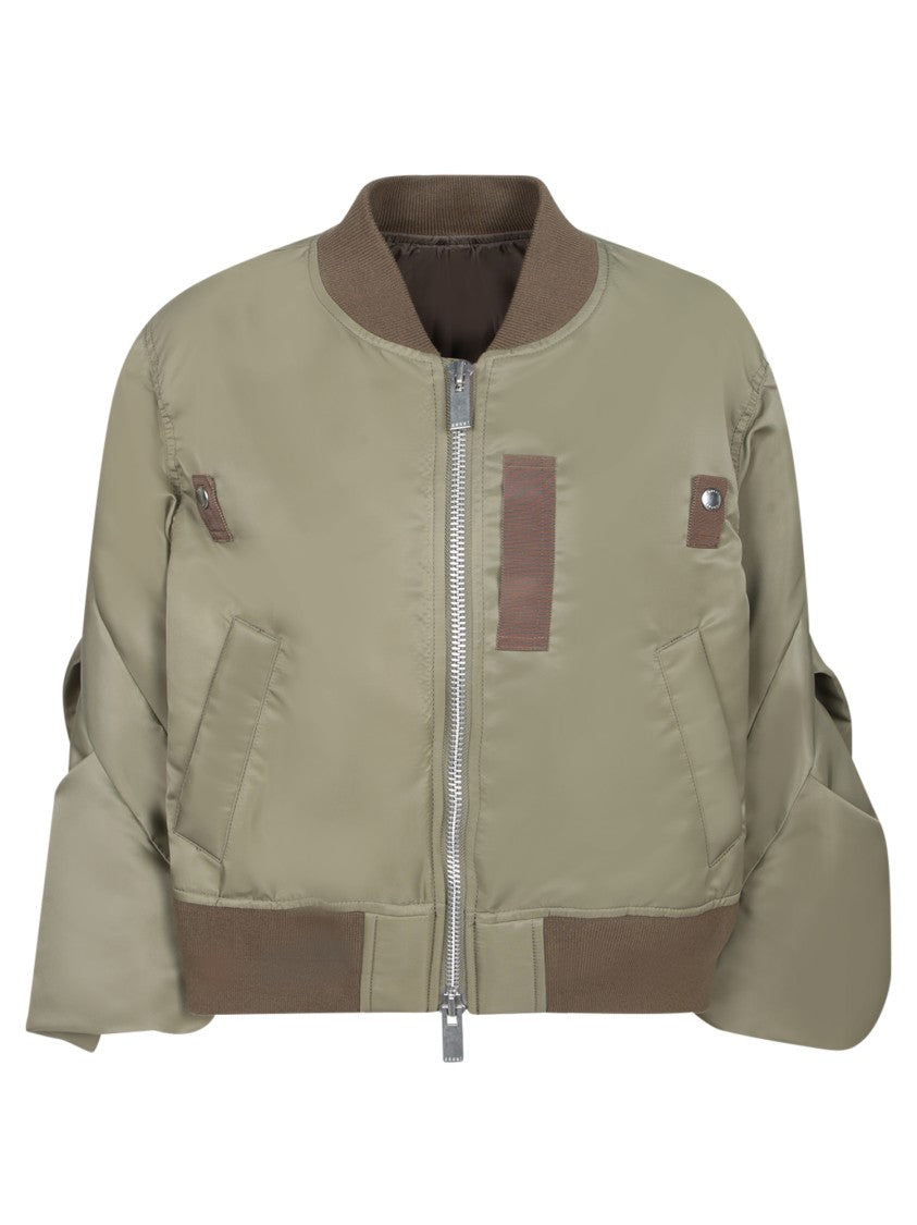 Sacai Beige Twill Jacket With Leather Accents And Zip Closure