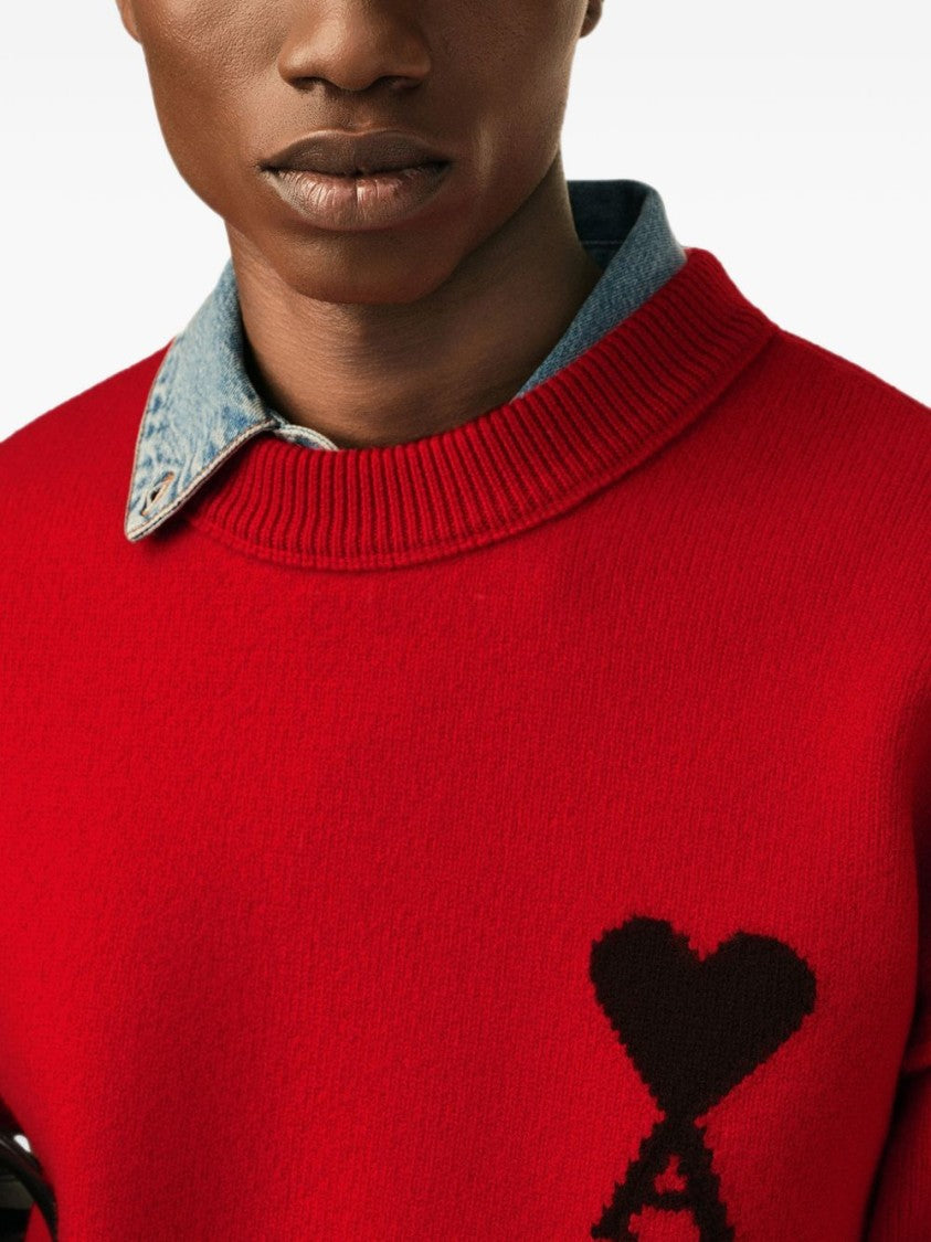 Ami Paris Boxy Fit Red Knit Sweater With Embroidered Heart Detail