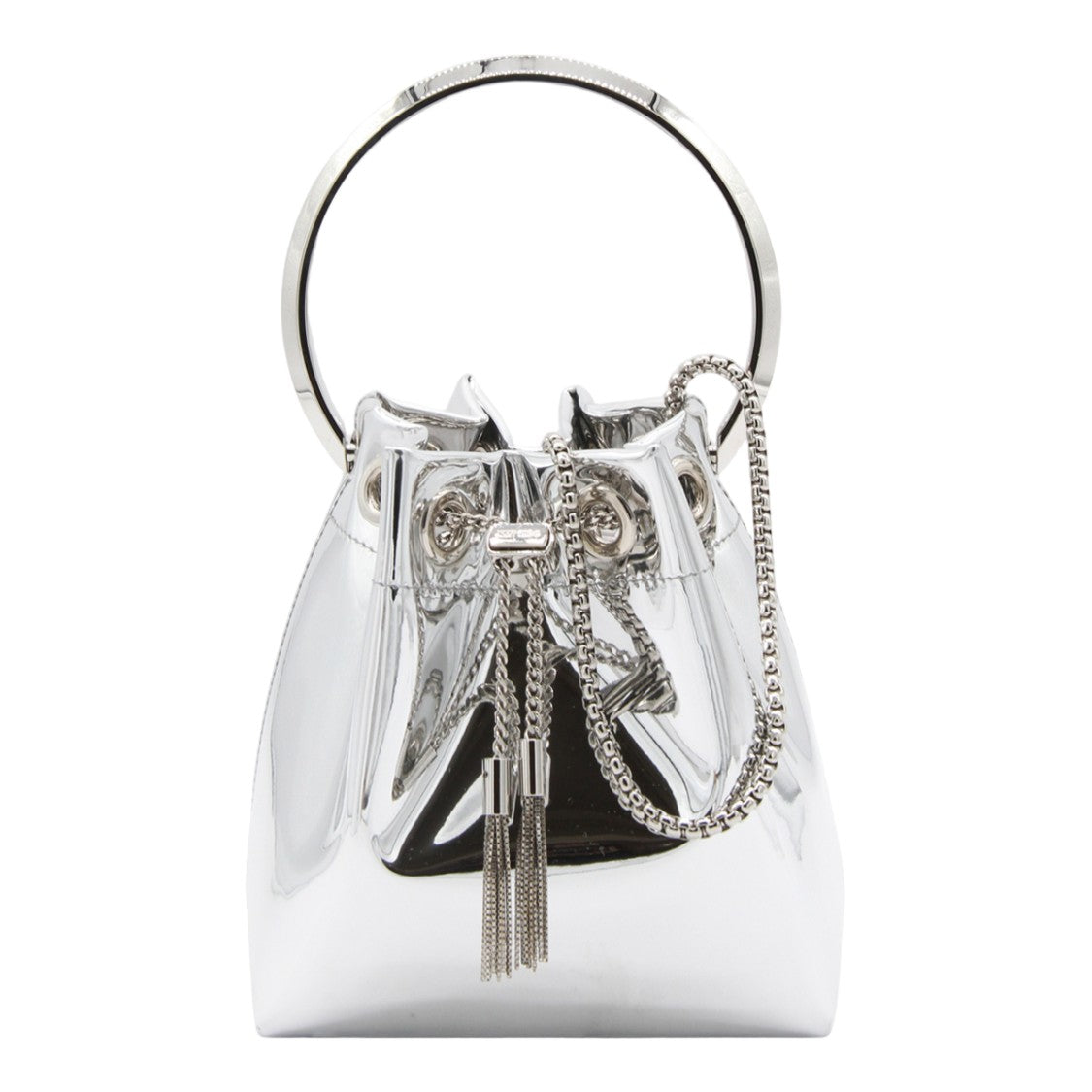 Jimmy Choo Reflective Silver Bucket Bag With Circular Handle