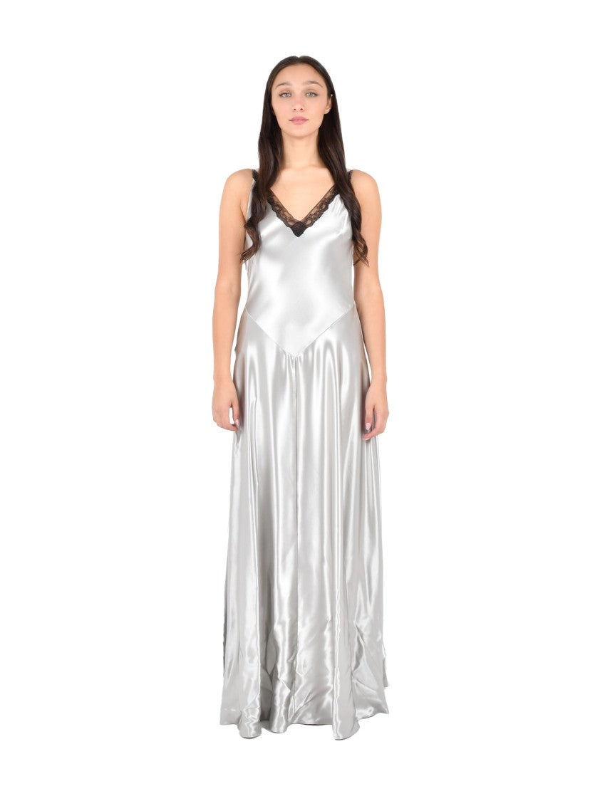 Alberta Ferretti Silver Satin Maxi Dress With Lace Inserts