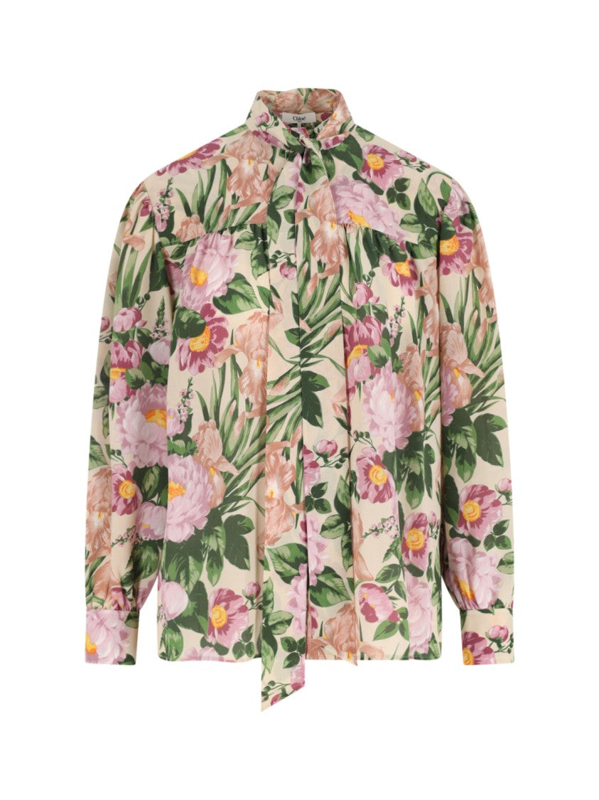 Chloé Silk Lavallière Shirt, Beige, Multicolor Floral Print Motif