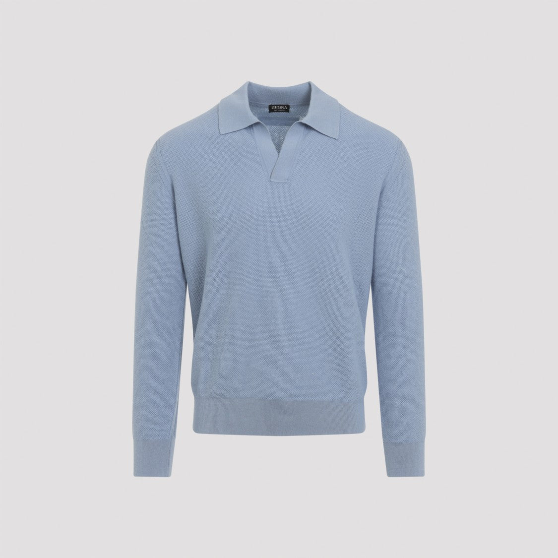Zegna Light Blue Cashmere Polo With Fine Ribbed Edges