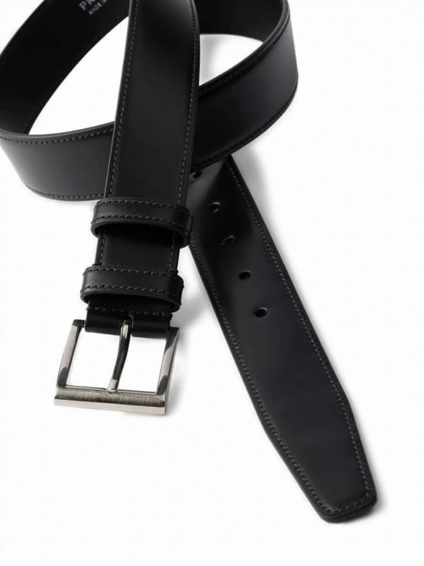 Prada Black Smooth Calf Leather Silver Buckle Belt