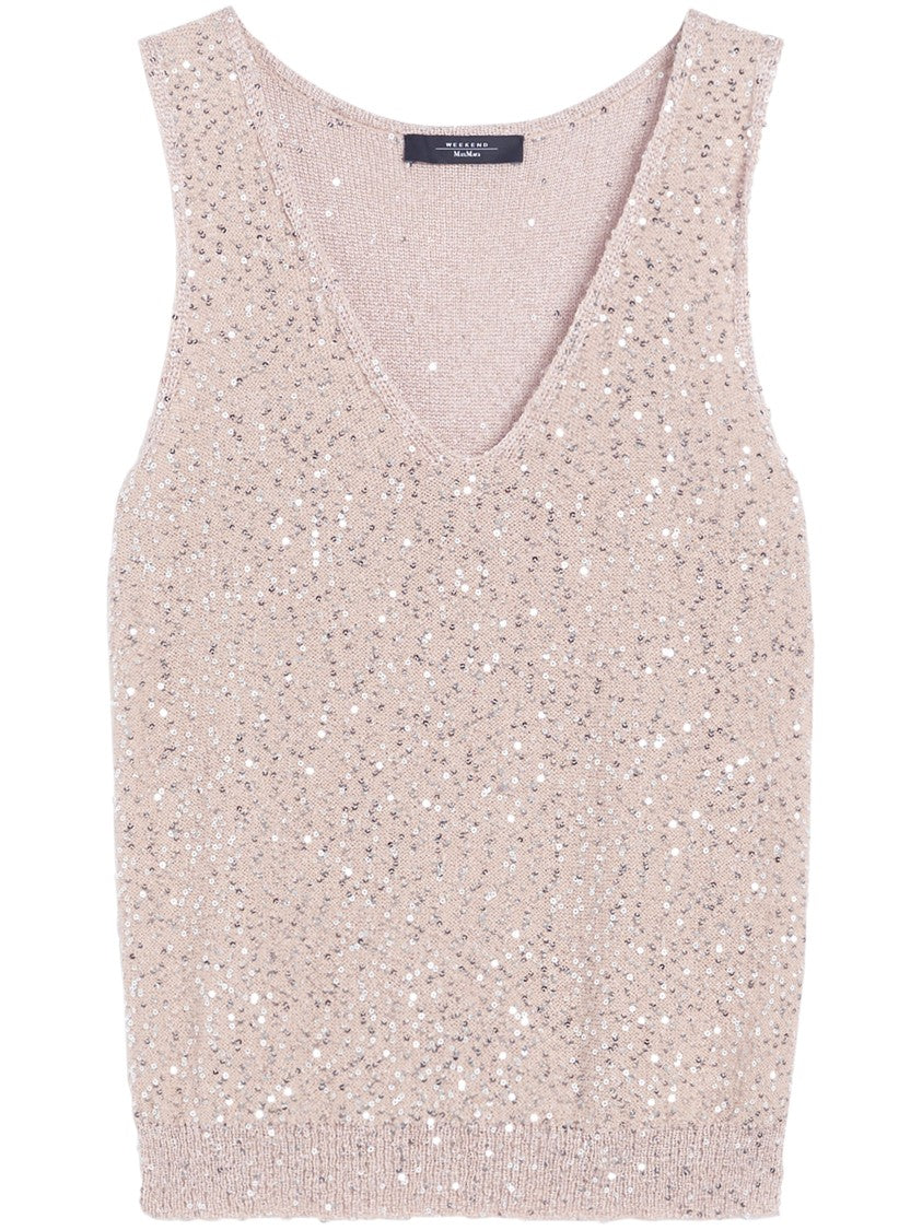 Max Mara Deep V-Neck Sleeveless Top With Sparkling Sequin Detail