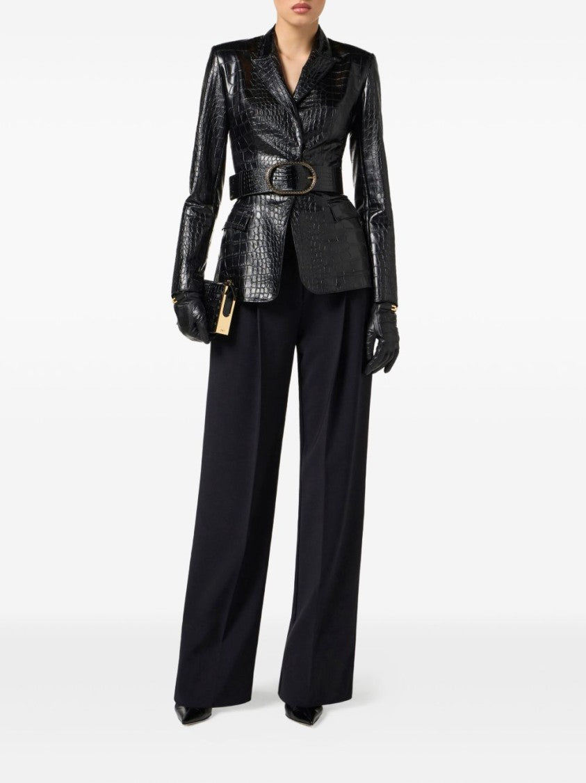 Elisabetta Franchi Crocodile-Embossed Blazer With Waist Belt