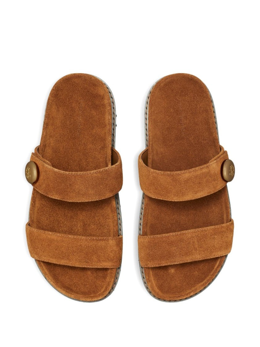 Tory Burch Brown Double-Strap Flat Sandals With Button Detail