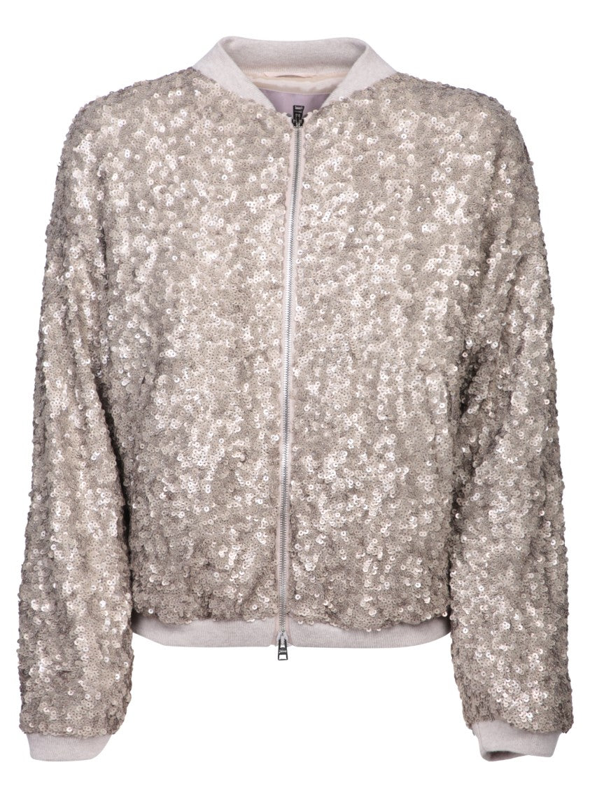 Herno Cropped Silver Sequin Bomber Jacket