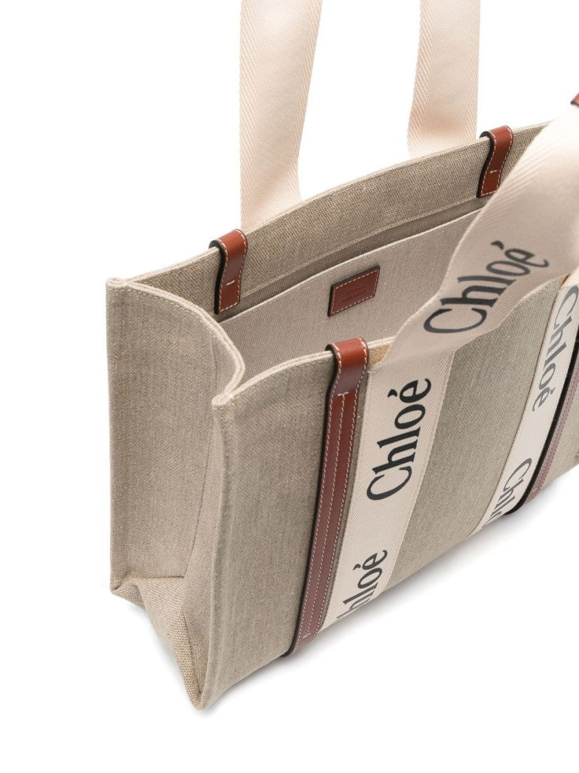 Chloé Beige Woody Medium Linen Tote Bag
