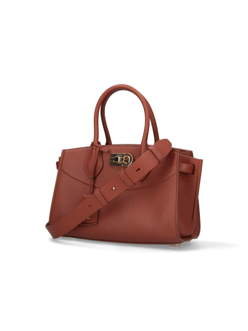 Ferragamo Brown Hammered Leather "Studio Soft" Medium Bag