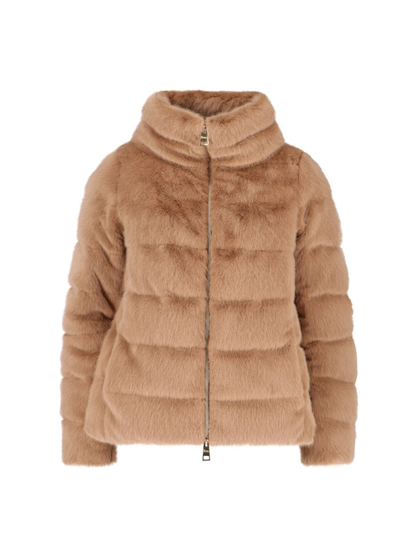 Herno Brown Quilted Faux Fur Herno Overcoat