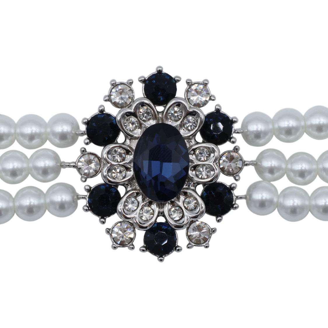 Self-Portrait Triple Strand Pearl Choker With Floral Brooch And Gemstone Accents