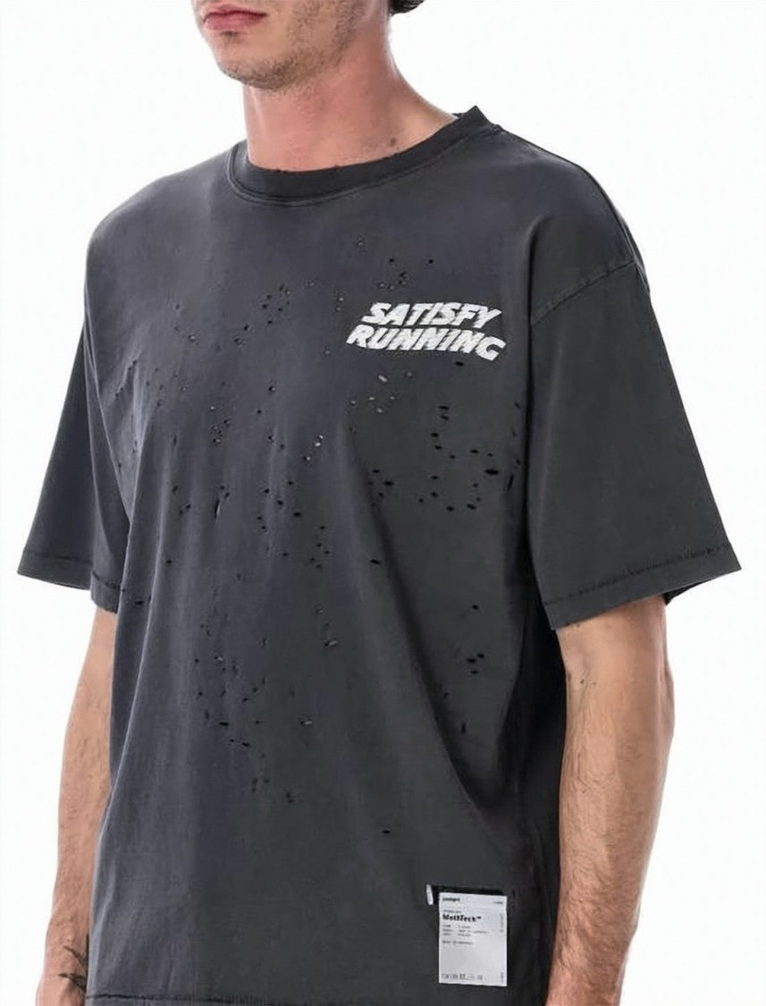 Satisfy Distressed Black Organic Cotton Tee With Crew Neckline