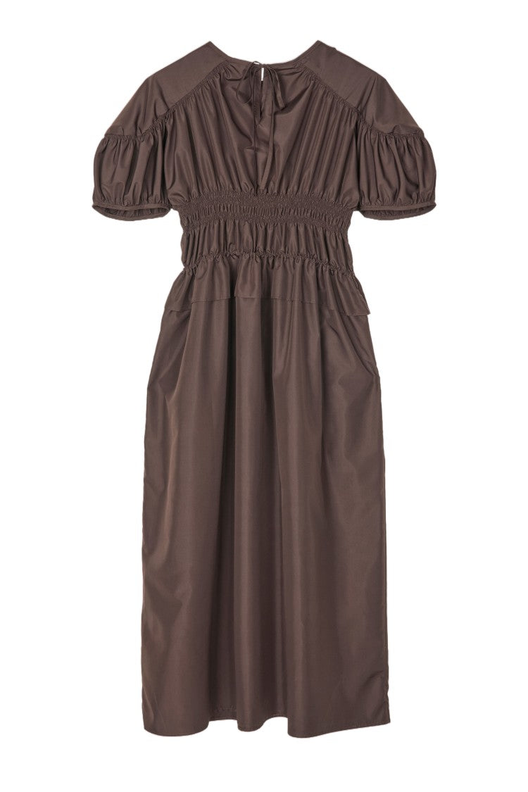 Cecilie Bahnsen Technical Fabric Midi Dress With Draped Waist And Puff Sleeves