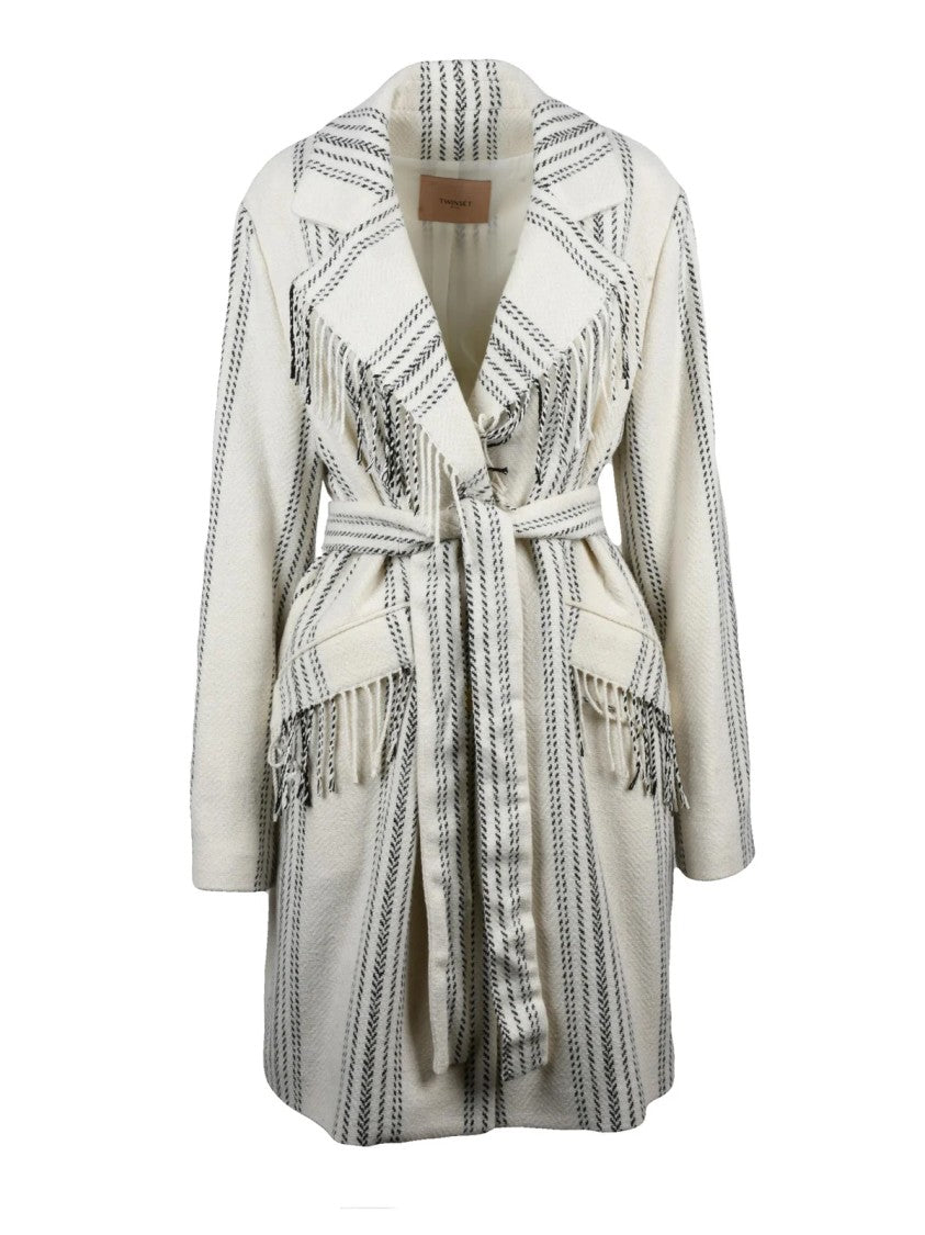 Twin-Set Fringe-Detail White Twinset Coat With Belted Closure