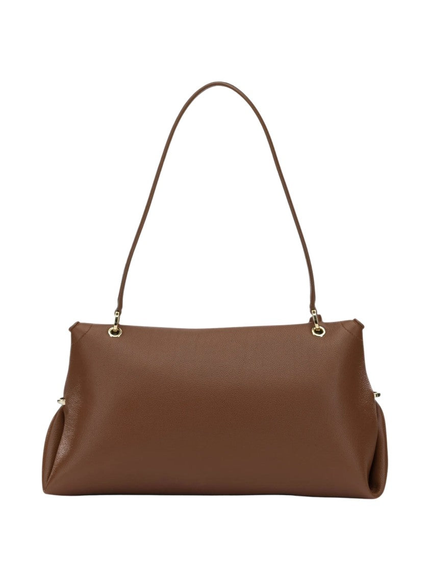Salvatore Ferragamo Brown Pebbled Leather Shoulder Bag With Gancini Lock