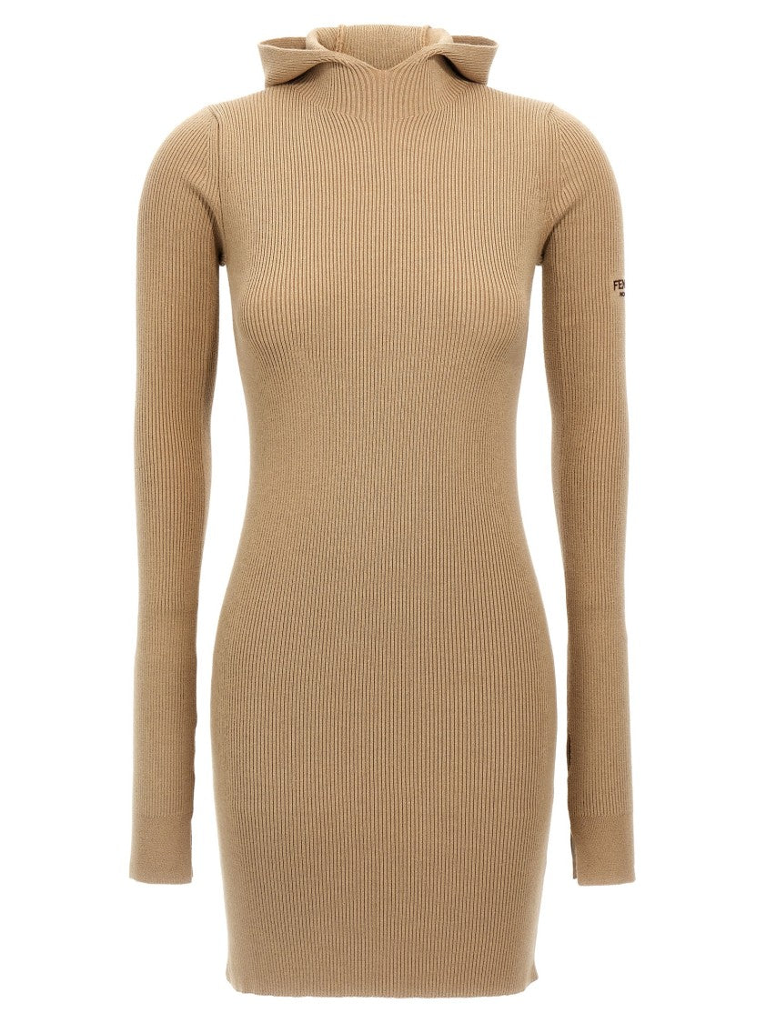 Fendi Ribbed Wool-Silk Hooded Dress With Slit Details