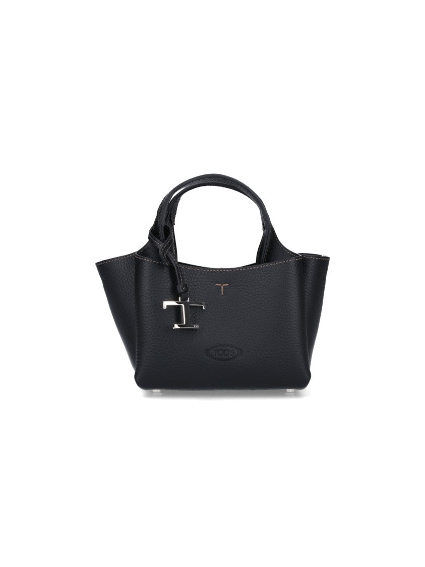 Tod's Compact Black Hammered Leather Tote With Detachable Charm