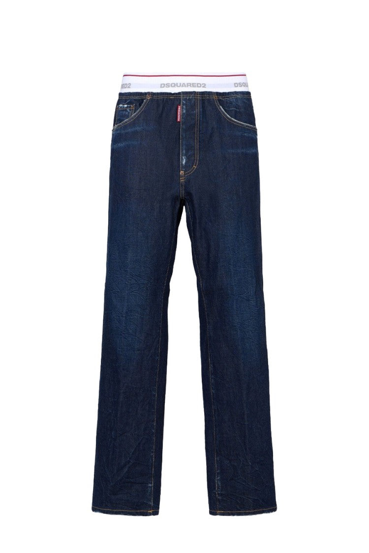 Dsquared2 Dark Blue Elastic Waistband Straight-Leg Jeans
