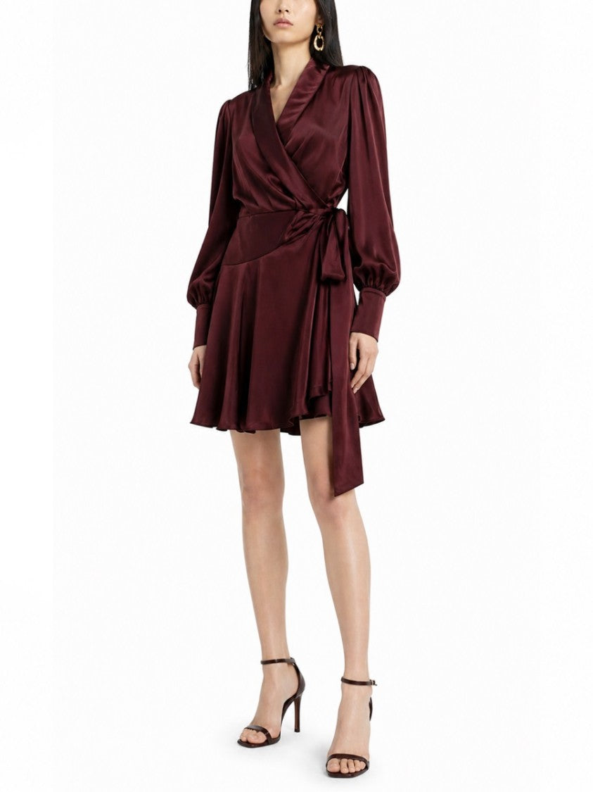 Zimmermann Mini Wrap Dress In Deep Burgundy Silk