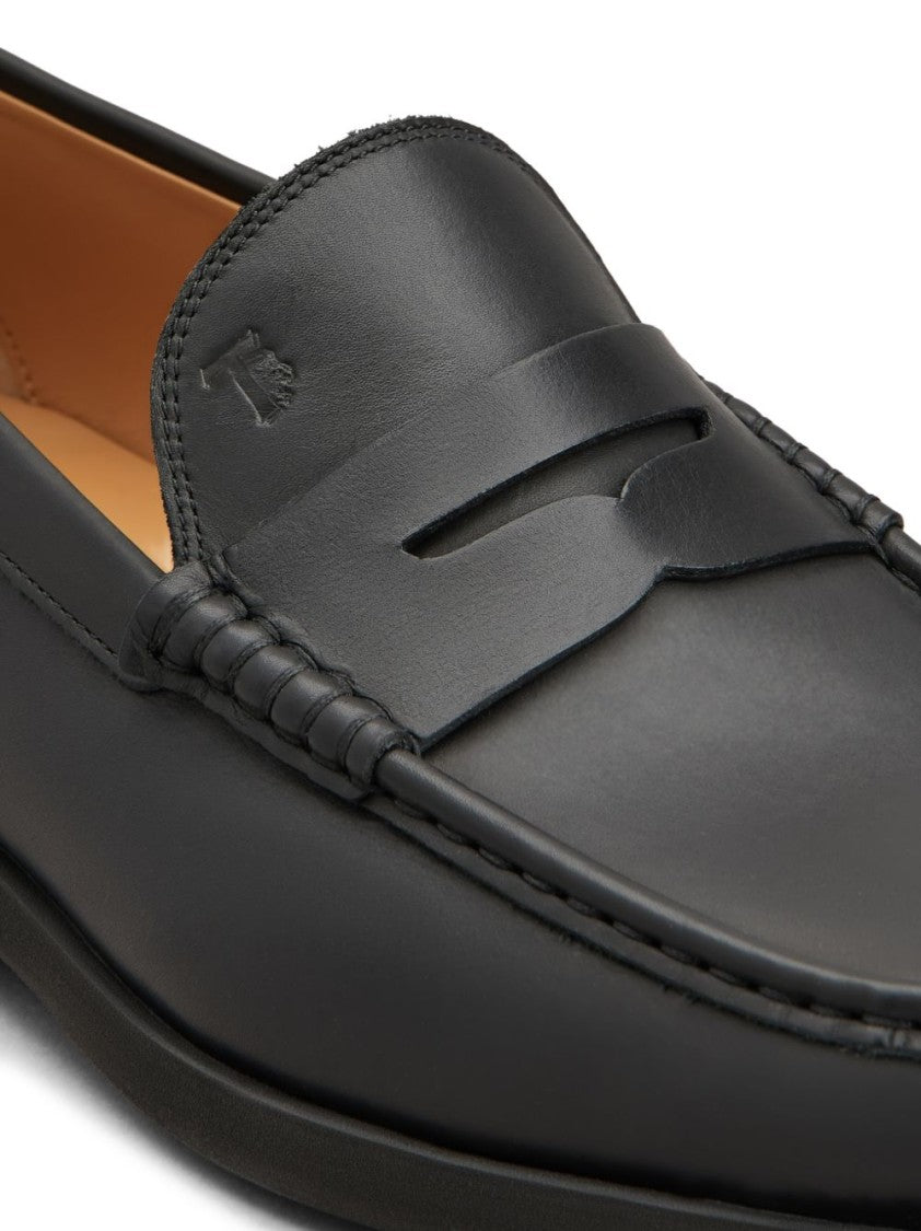 Tod's Penny Strap Black Leather Loafers With Subtle Stitching