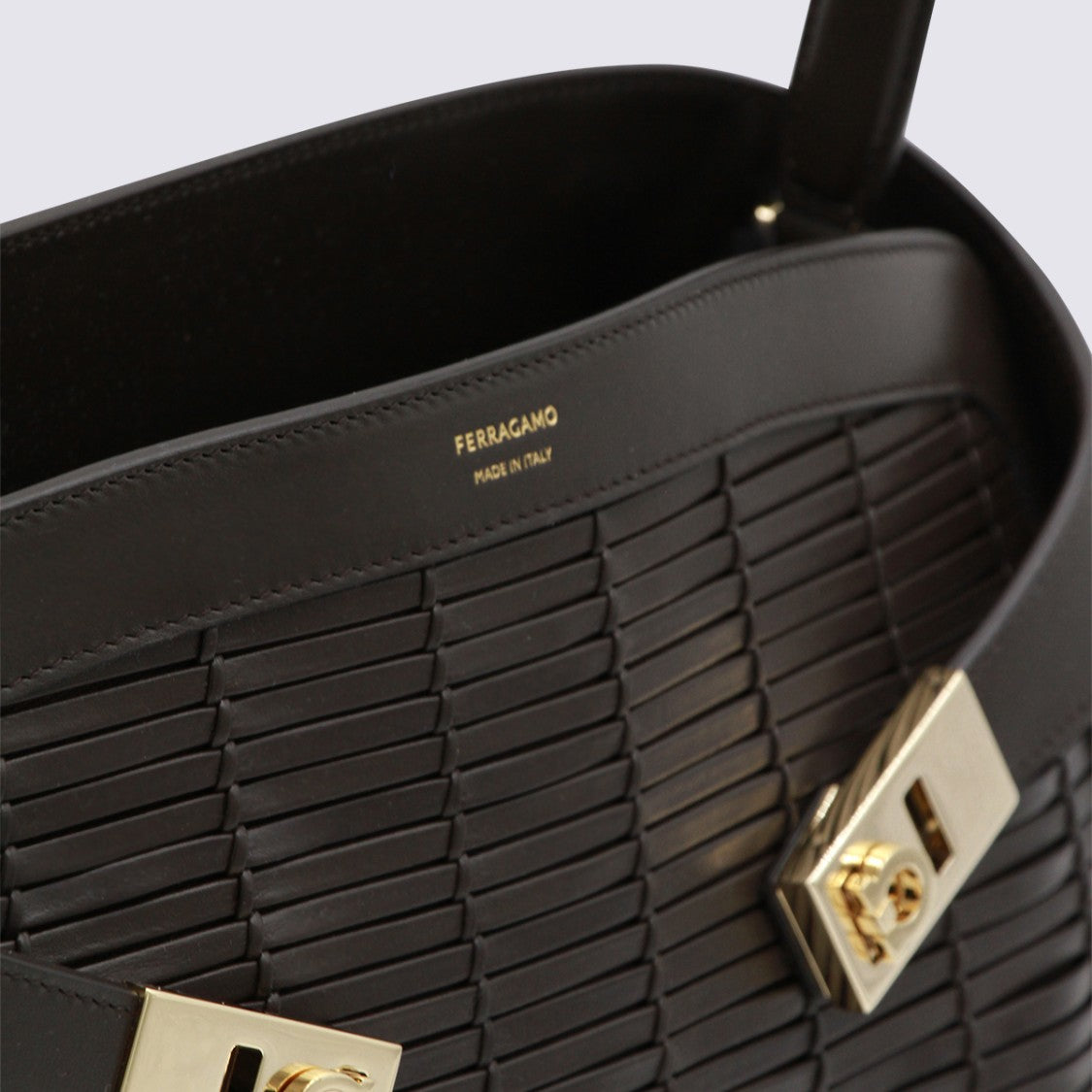 Ferragamo Structured Handbag With Woven Leather Design And Gold-Tone Accents