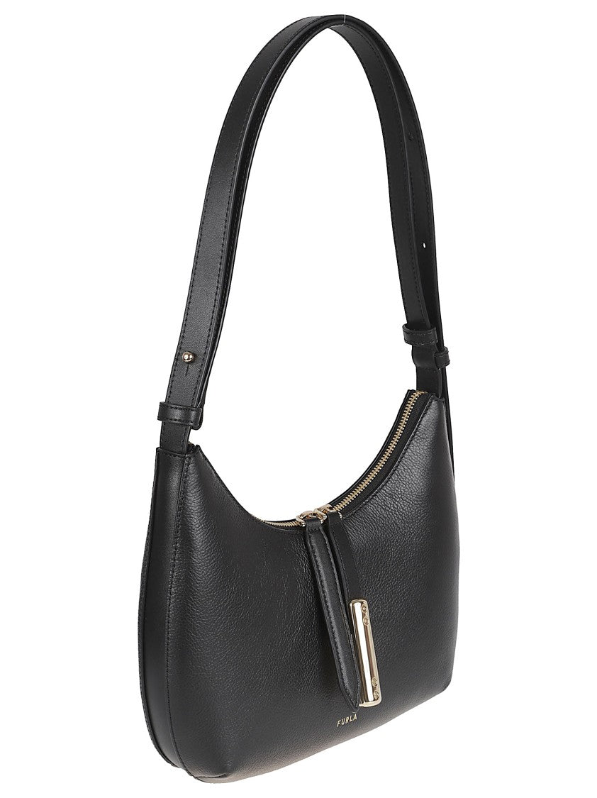 Furla Curved Black Textured Leather Bag With Gold Accents
