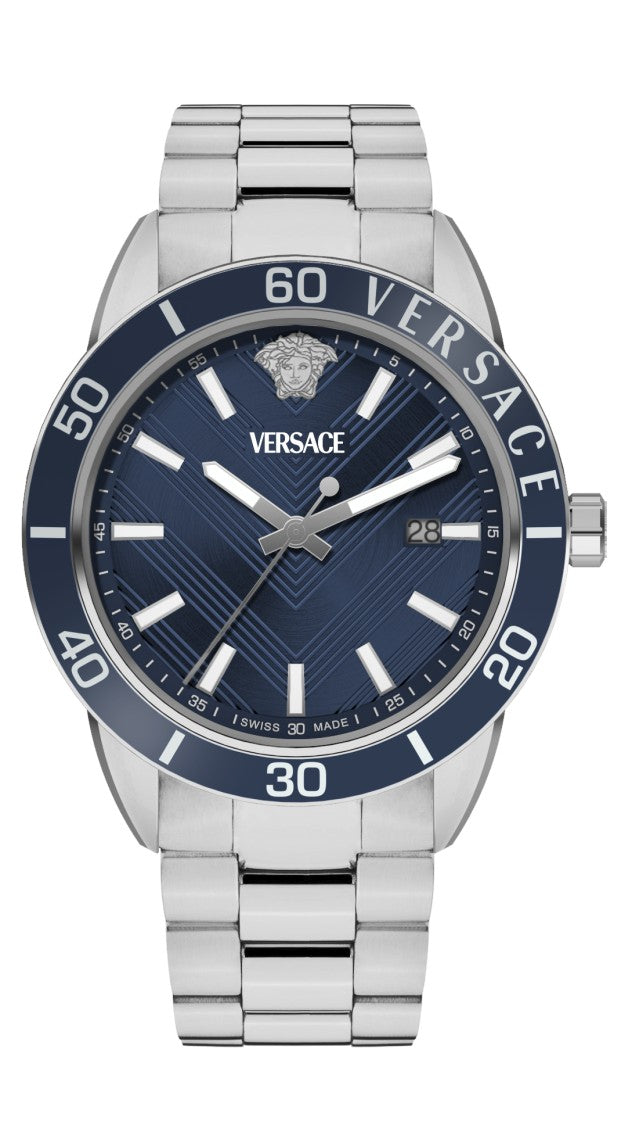 Versace Greca Urban 43Mm Quartz Watch With Textured Blue Dial