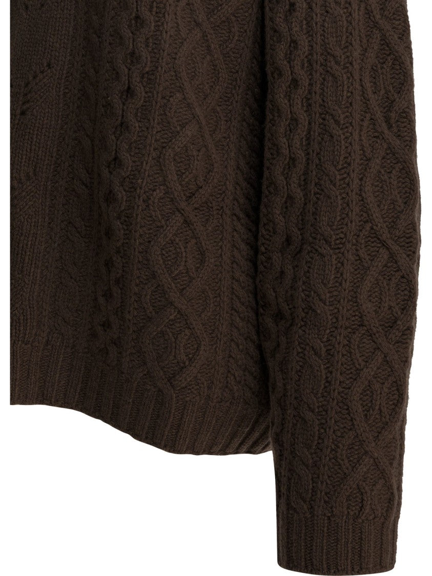 Sandbeige Cable Knit Sweater With Crew Neckline