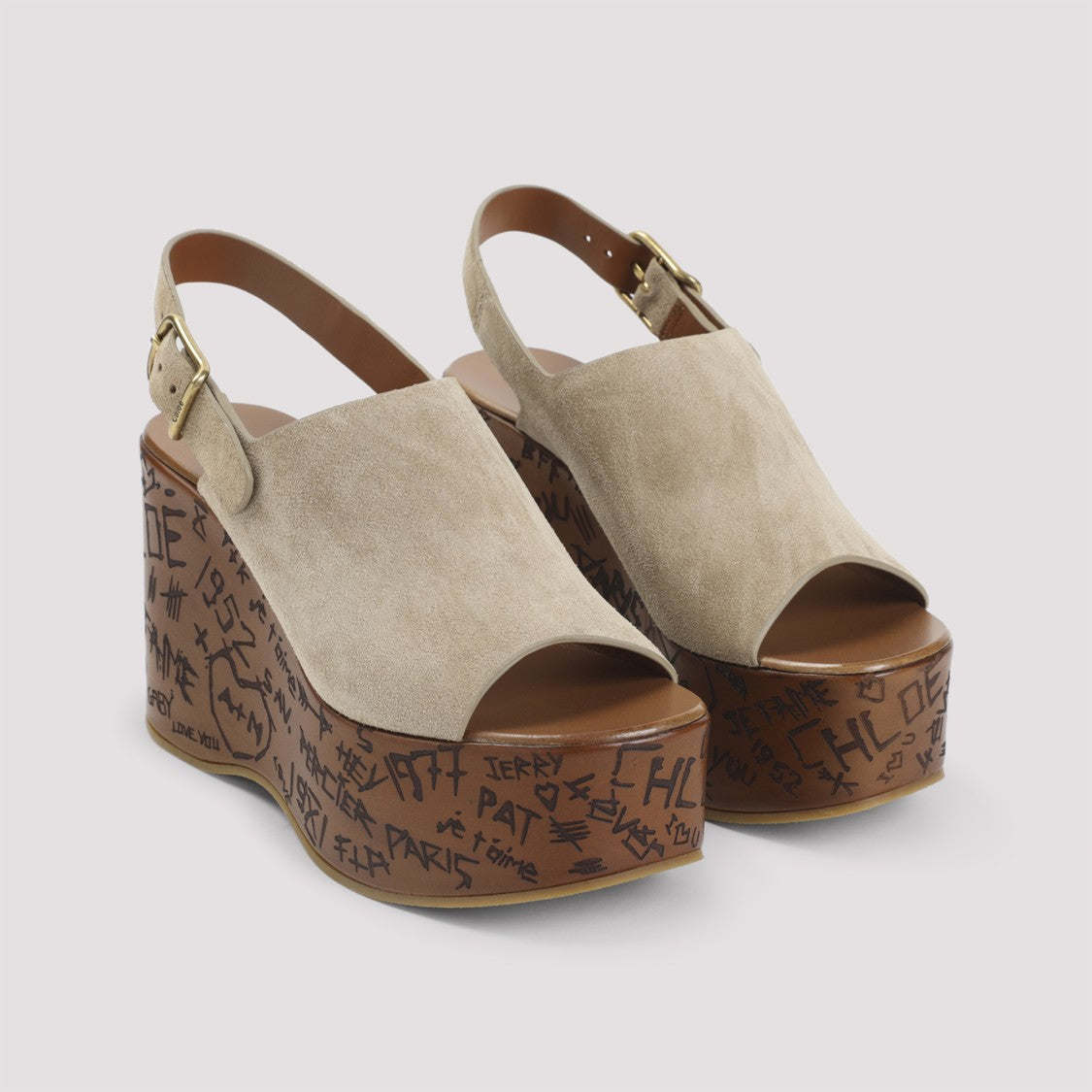 Chloé Peep-Toe Platform Wedge Sandals With Graffiti Design