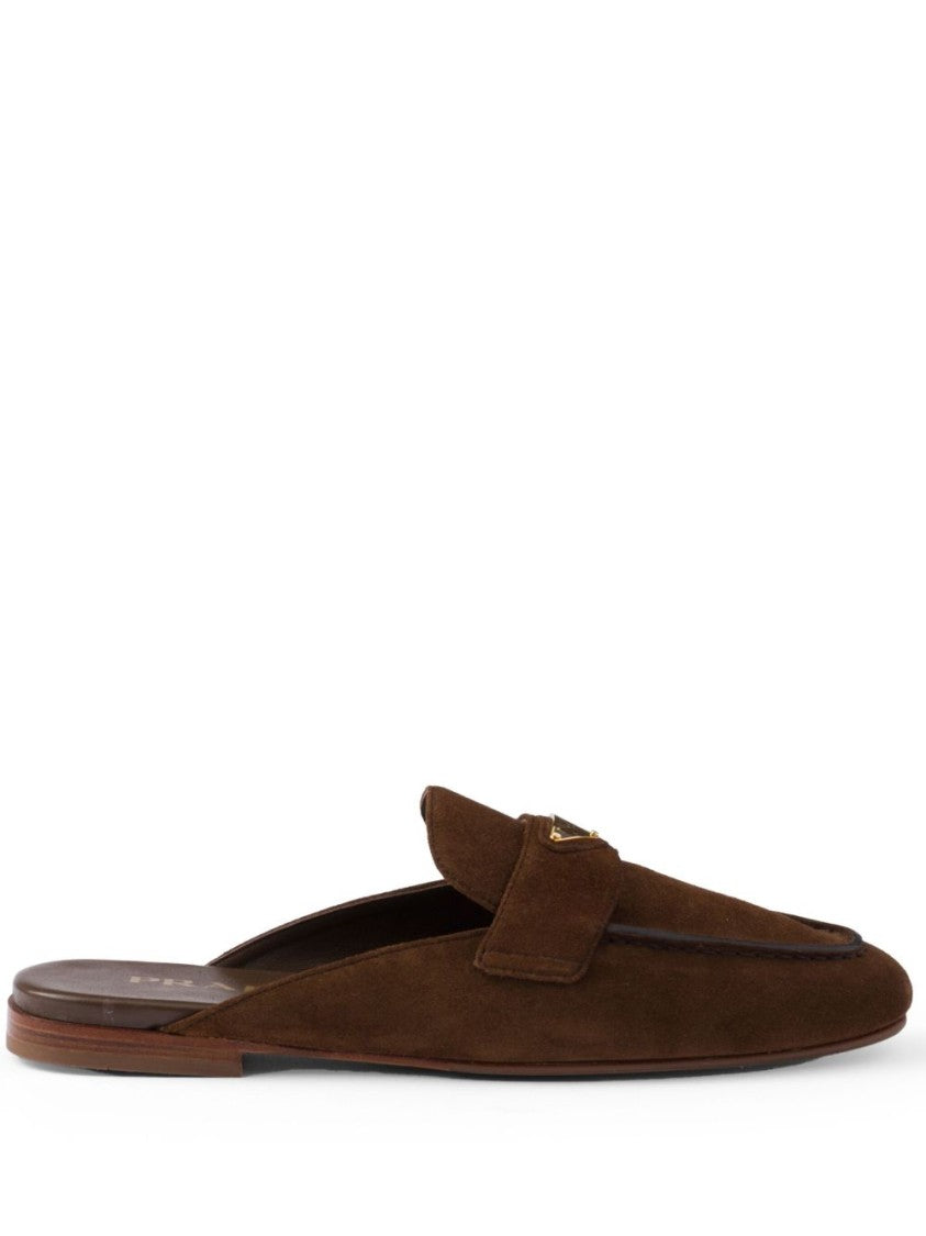 Prada Brown Triangle Logo Suede Band Slippers