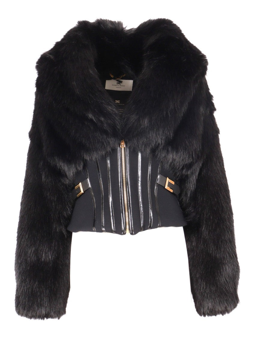 Elisabetta Franchi Cropped Black Jacket With Faux Fur Detailing