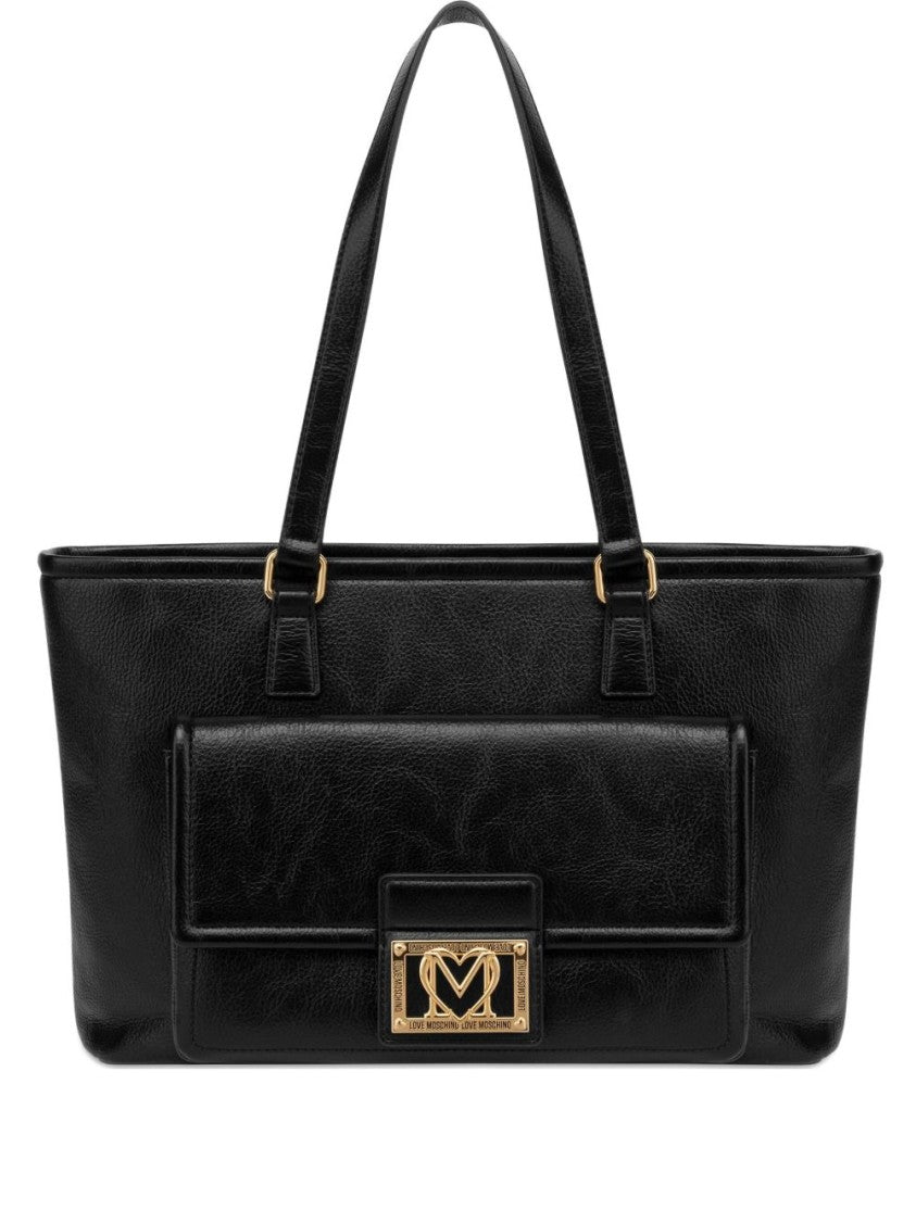 Love Moschino Black Polyurethane Shopper With Gold-Tone Logo Plaque
