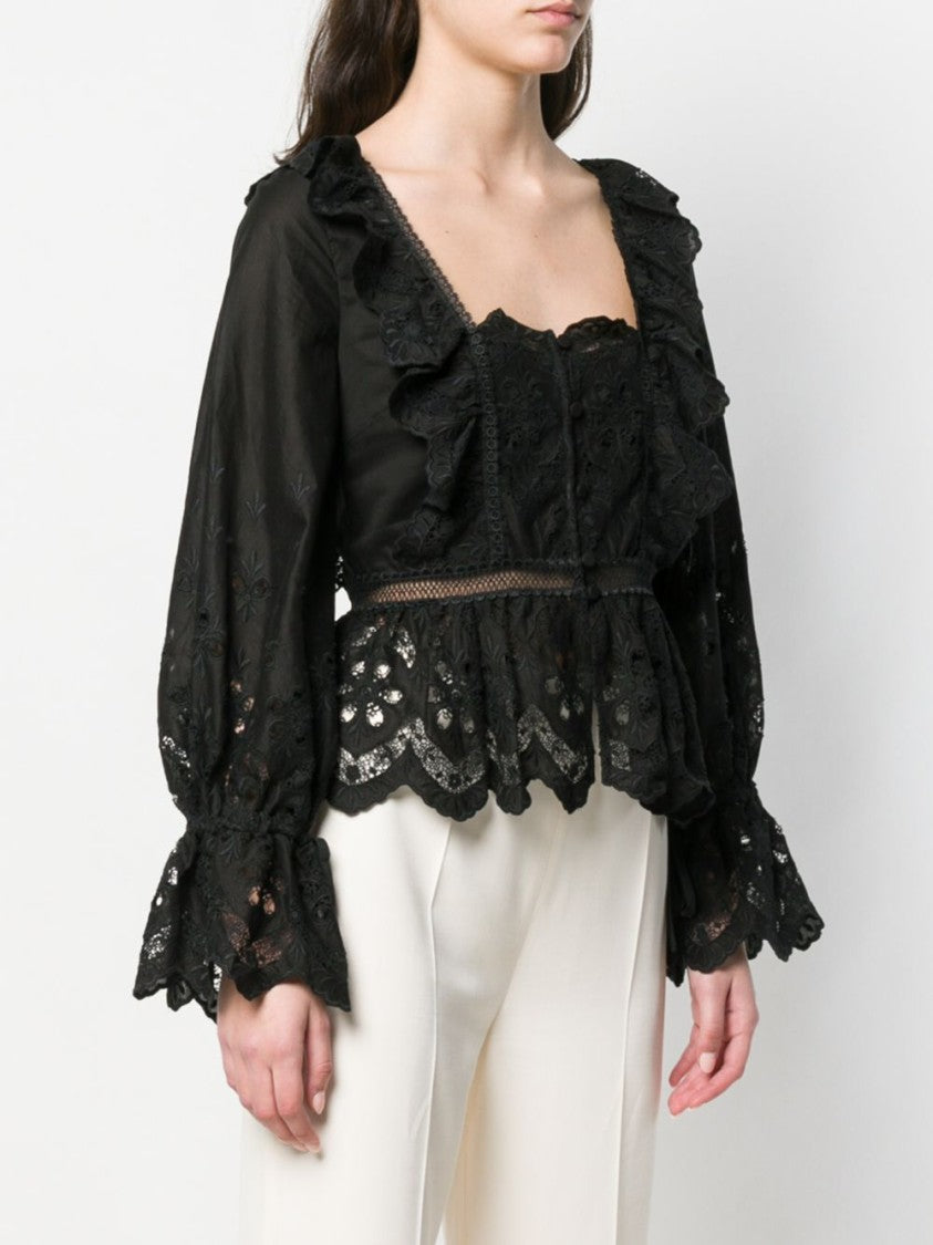 Self-Portrait Black Macramè Shirt With Floral Lace Patterns