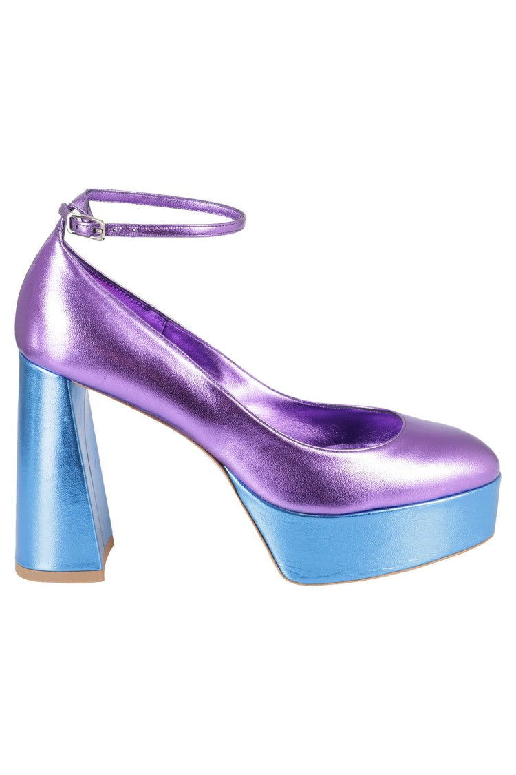 Bettina Vermillon Metallic Purple Ankle Strap Platform Pump