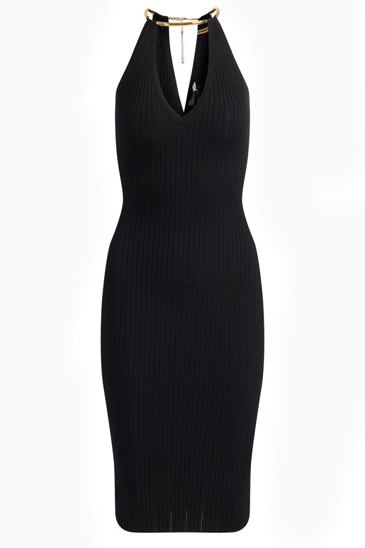 Elisabetta Franchi Black Ring Collar V-Neck Cutout Ribbed Viscose-Blend Midi Dress