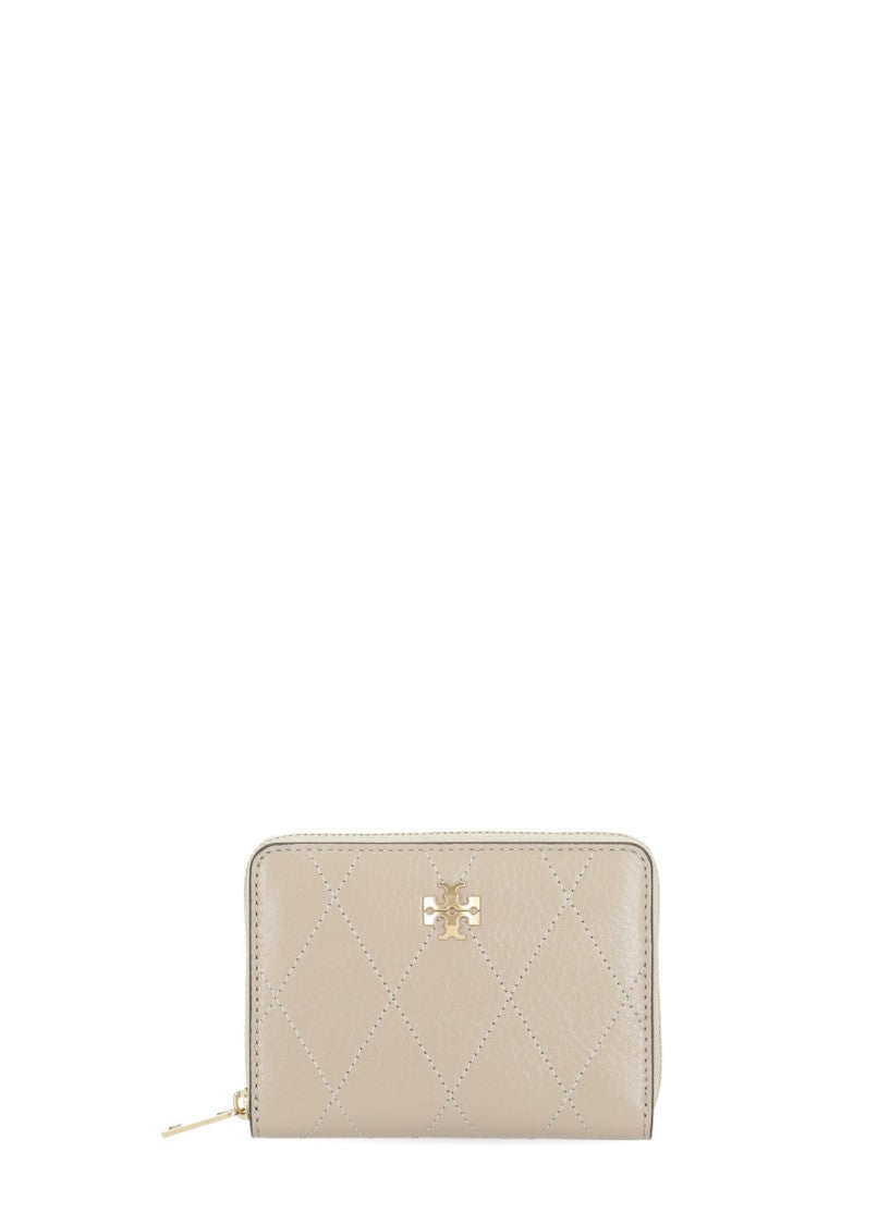 Tory Burch Beige Quilted Leather Gold Logo Zip Wallet