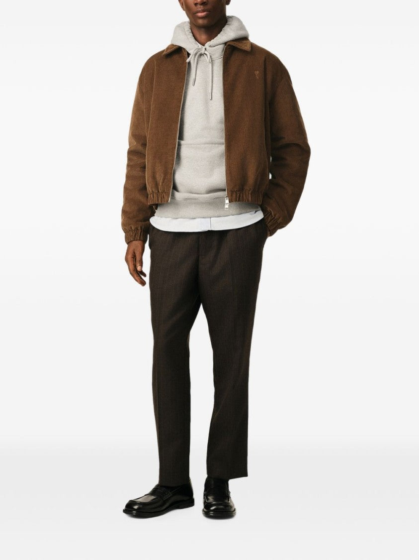 Ami Paris Cropped Boxy Brown Corduroy Jacket With Embroidered Logo