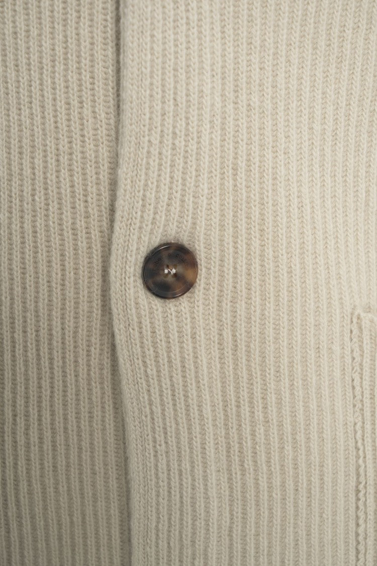 Roberto Collina Beige Ribbed Wool Cardigan With Notch Collar