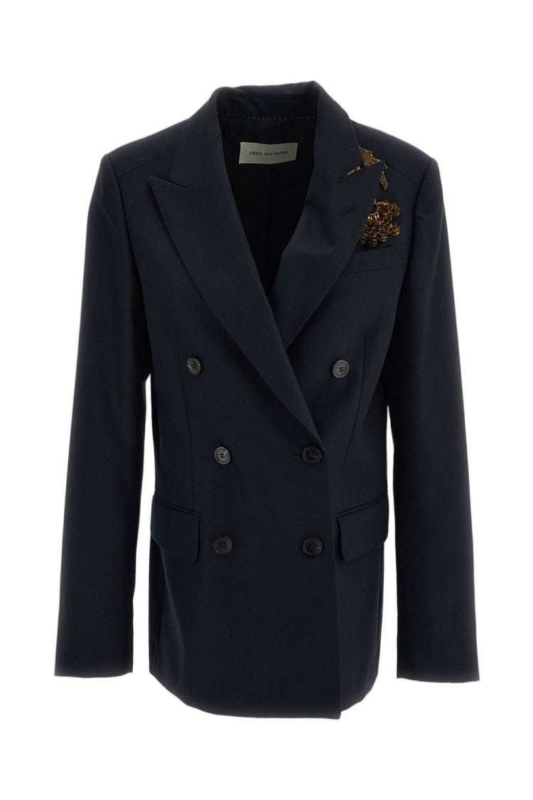 Dries Van Noten Blue Floral Embroidered Pure Wool Twill Double-Breasted Blazer