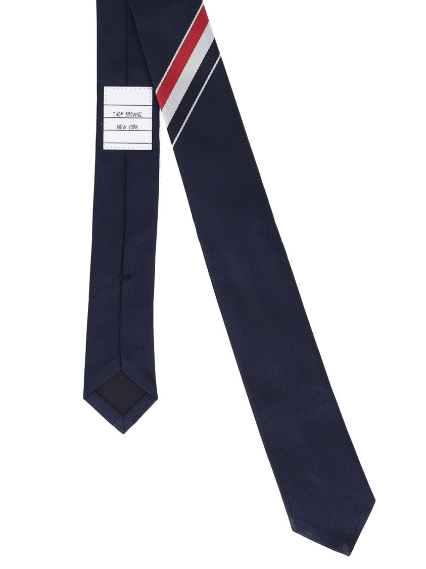 Thom Browne Navy Silk Tie With Tricolor Stripe Detail