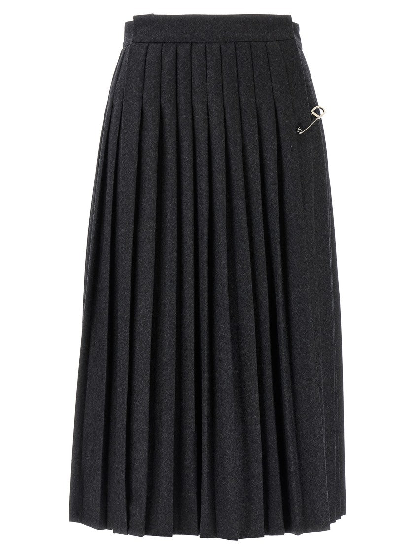 Prada Wool Midi Skirt With Structured Pleats And Brooch Detail