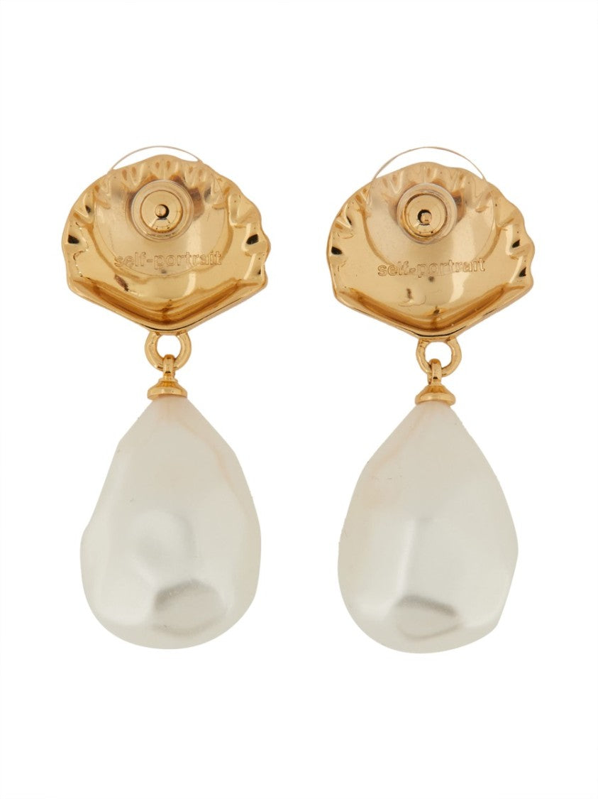 Self-Portrait Shell-Shaped Earrings With Teardrop Pearl Pendant