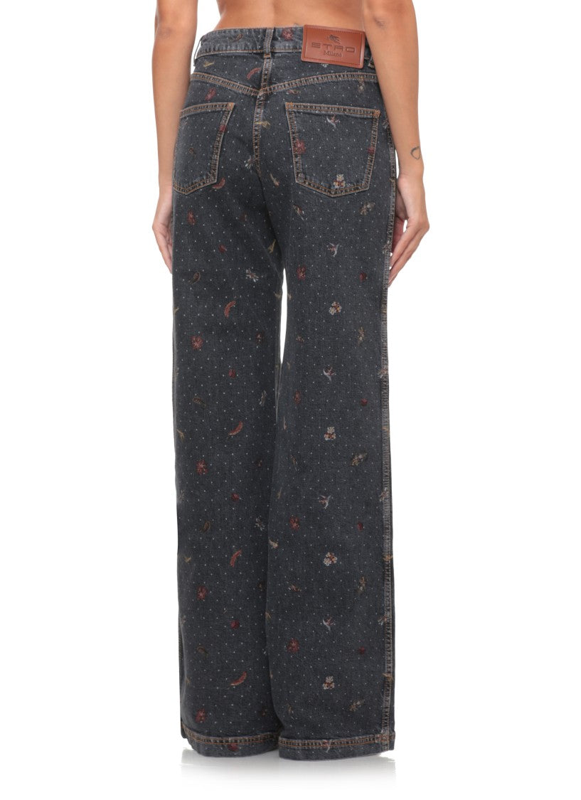 Etro Blue Wide-Leg Patterned Cotton Denim Jeans