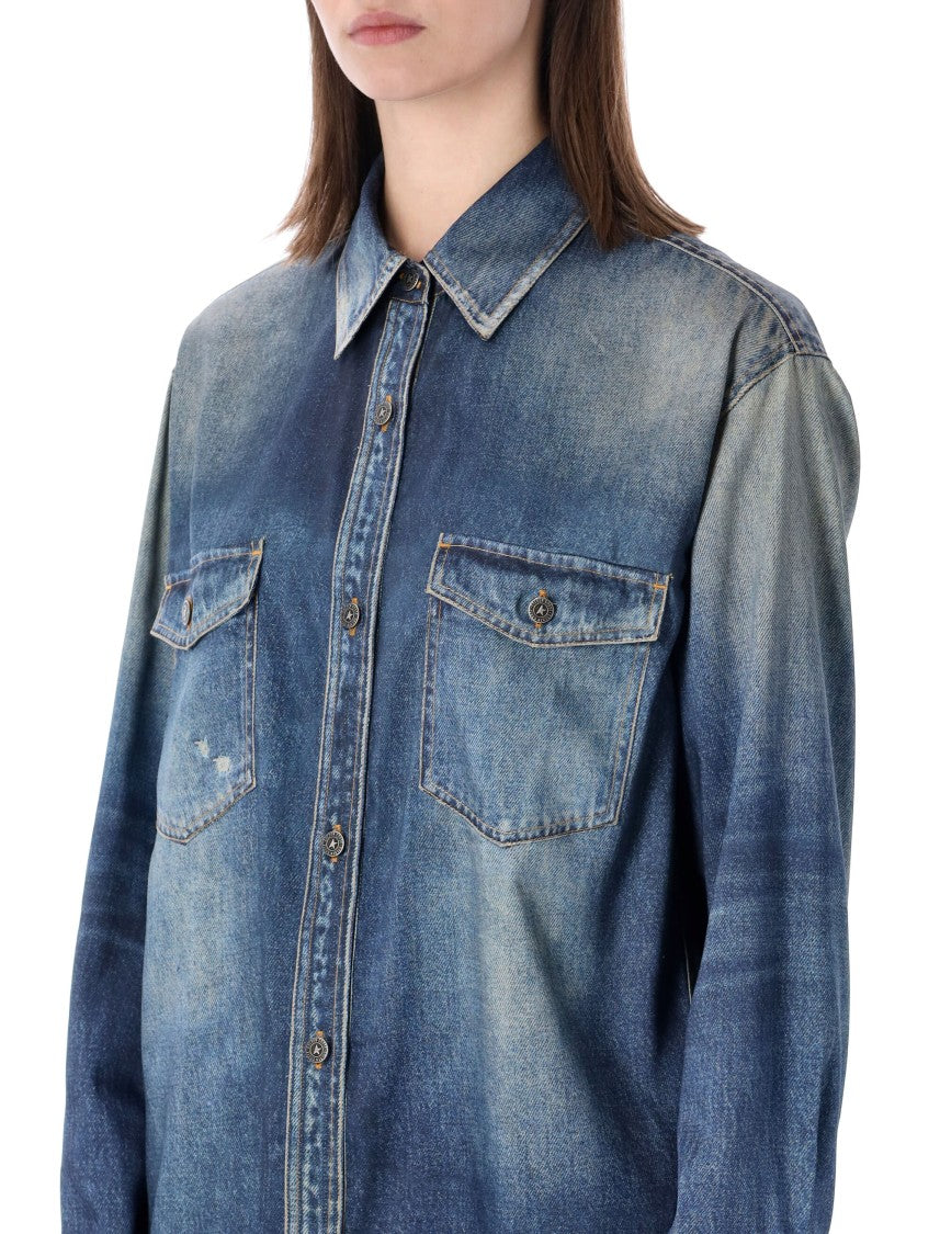 Golden Goose Denim-Effect Print Satin Overshirt With Classic Collar And Patch Pockets