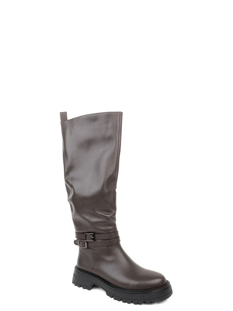 Adrianna Feretti Brown Decorative Double Straps Rugged Sole Leather Boots