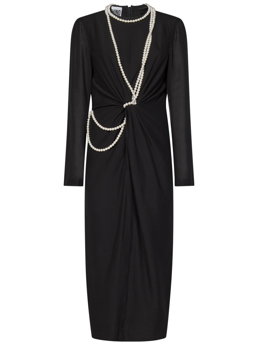 Moschino Black Midi Dress With Pearl Accents And Tailored Fit