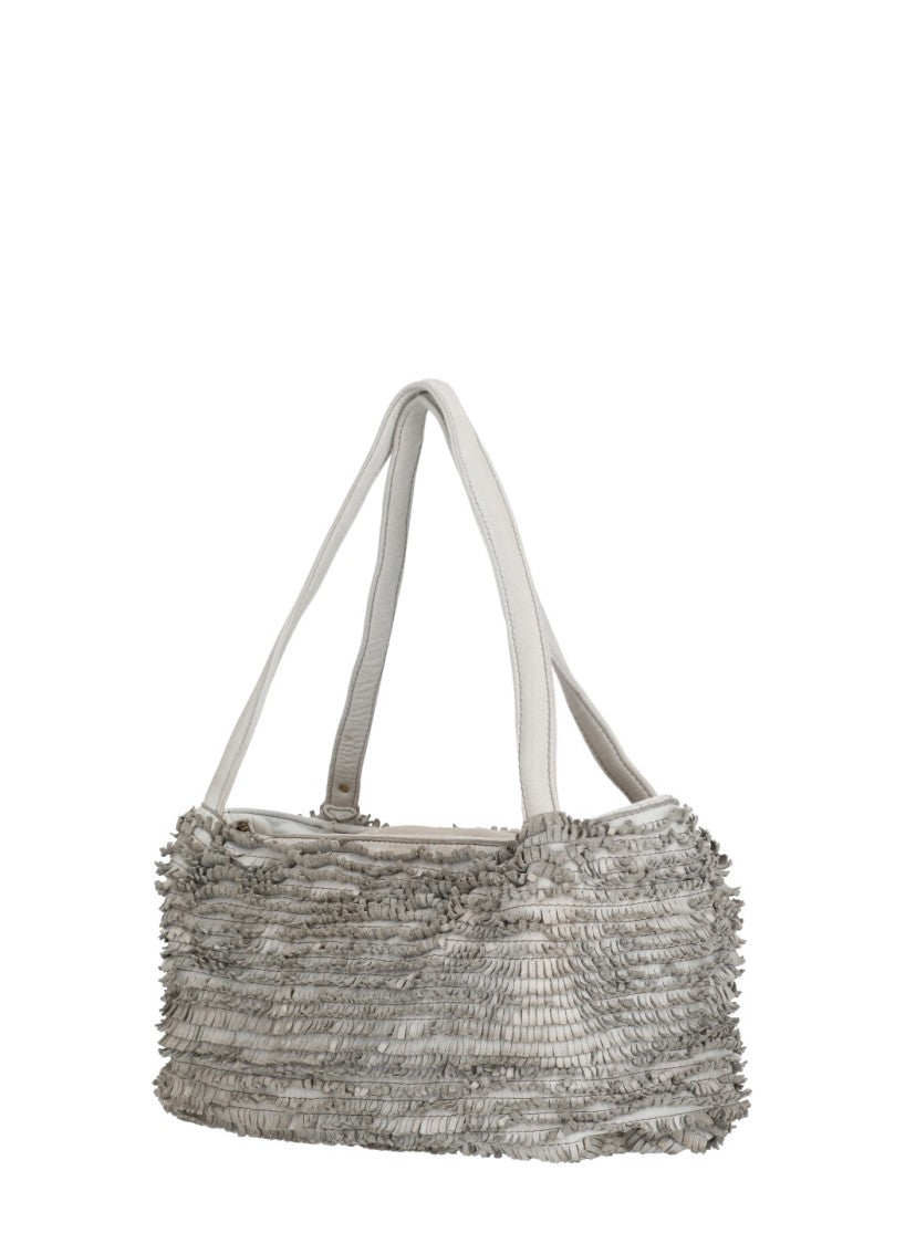 Majo Textured Grey Handbag With Fringed Leather Design