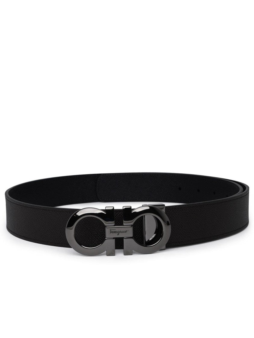 Salvatore Ferragamo Hammered Texture Reversible Leather Belt With Hook Buckle