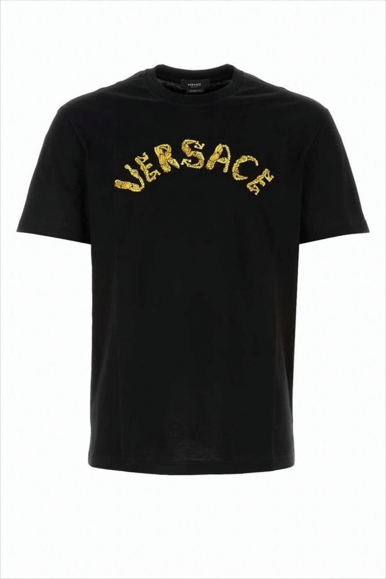 Versace Cropped Black T-Shirt With Arched Logo Design
